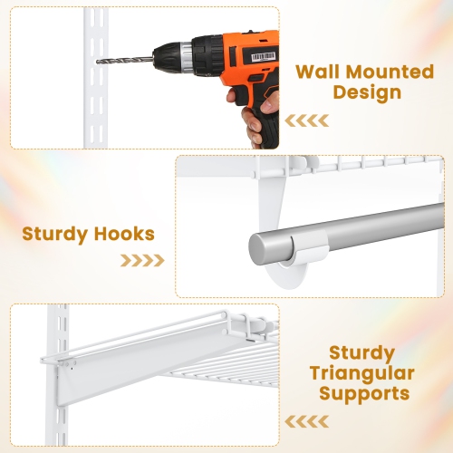 Gymax Wire Closet Organizer System Wall-mounted Adjustable Storage Shelves Coats White