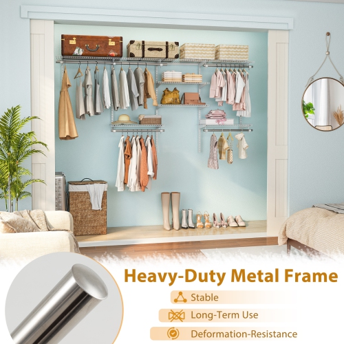 Gymax Wire Closet Organizer System Wall-mounted Adjustable Storage Shelves Coats White