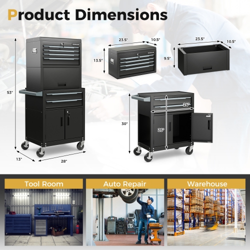 Coffre à outils à roulettes 3-en-1, 6 tiroirs, armoire de rangement robuste avec roulettes universelles