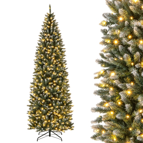 Costway 9FT Pre-Lit Christmas Tree Hinged Slim Pencil Xmas with 500 LED Lights & 1298 Tips