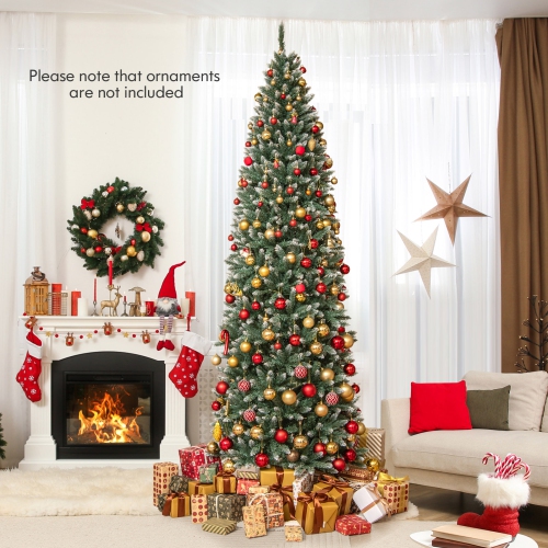 Costway 9FT Pre-Lit Christmas Tree Hinged Slim Pencil Xmas with 500 LED Lights & 1298 Tips