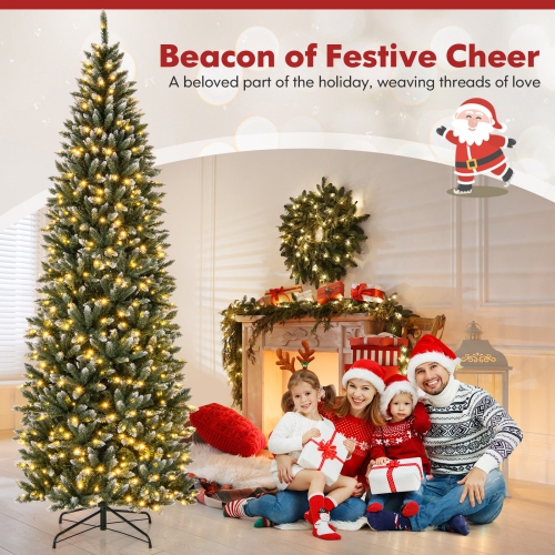 Costway 9FT Pre-Lit Christmas Tree Hinged Slim Pencil Xmas with 500 LED Lights & 1298 Tips