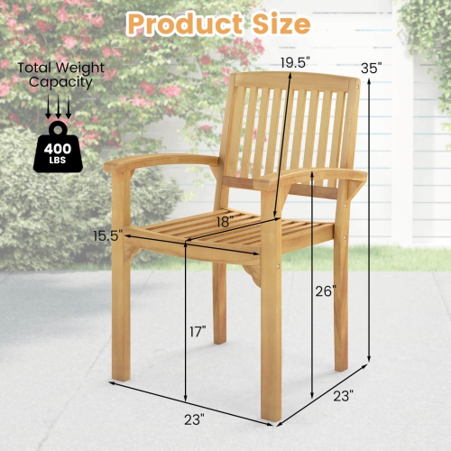 Costway 1/2/4 PCS Outdoor Patio Chair Teak Wood Armchair with Slatted Seat & Curved Seat