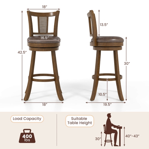 Costway Set of 2/4 Bar Stools 30" Swivel Bar Chairs with PE Rattan Backrest & Footrest