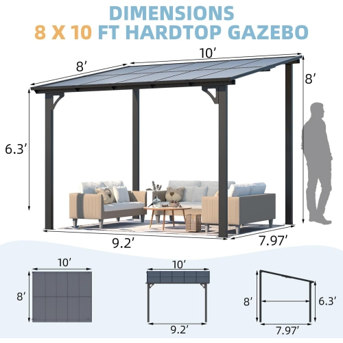 AECOJOY 10’ x 8’ Gazebo, Wall Mounted Pergola on Clearance, Outdoor Patio Gazebo Awnings for Deck, Black
