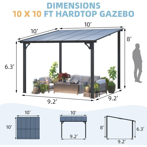 AECOJOY 10’ x 10’ Gazebo, Wall Mounted Pergola on Clearance, Outdoor Patio Gazebo Awnings for Deck, Black
