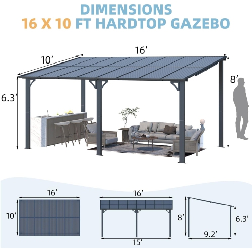 AECOJOY – Abri de jardin de 16 x 10 pi, pergola murale en liquidation, auvent pour abri de jardin extérieur pour terrasse, noir