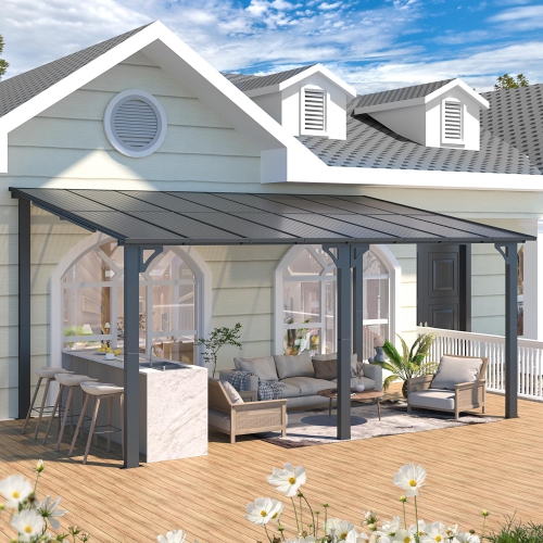 AECOJOY – Abri de jardin de 16 x 10 pi, pergola murale en liquidation, auvent pour abri de jardin extérieur pour terrasse, noir