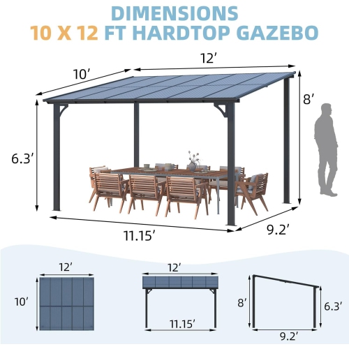 AECOJOY 12’ x 10’ Gazebo, Wall Mounted Pergola on Clearance, Outdoor Patio Gazebo Awnings for Deck, Black