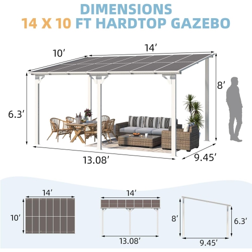AECOJOY 14’ x 10’ Gazebo, Wall Mounted Pergola on Clearance, Outdoor Patio Gazebo Awnings for Deck, White