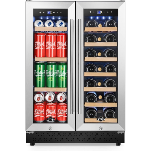 Upgraded Wine and Beverage fridge 24 Inch, Dual Zone Wine Beverage Cooler with French Door, Under Counter Wine Beer Fridge Built-In or Freestanding,