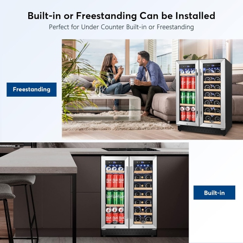 Upgraded Wine and Beverage fridge 24 Inch, Dual Zone Wine Beverage Cooler with French Door, Under Counter Wine Beer Fridge Built-In or Freestanding,