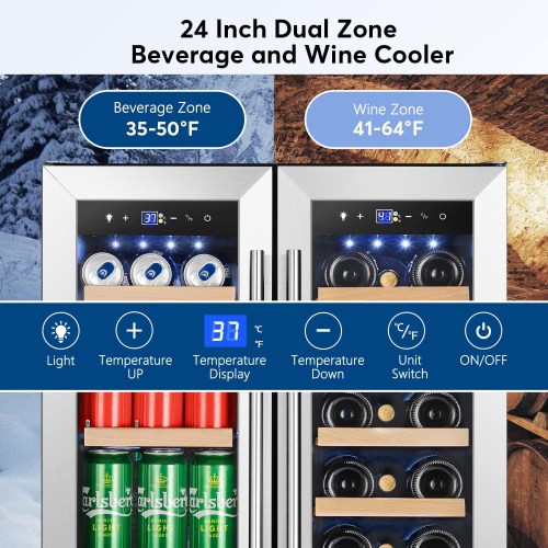 Upgraded Wine and Beverage fridge 24 Inch, Dual Zone Wine Beverage Cooler with French Door, Under Counter Wine Beer Fridge Built-In or Freestanding,