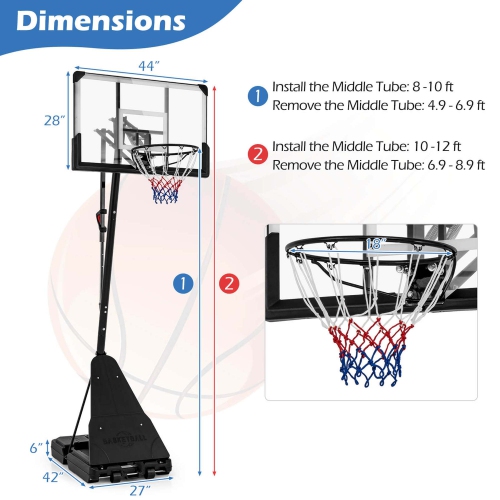 Goplus 4.9-10 FT Basketball Hoop System with 44 Inch Shatterproof Backboard with Wheels