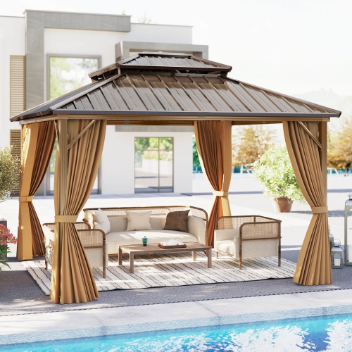 Costway 12 X 10/12 X 12 FT Hardtop Gazebo with Netting Heavy-Duty Double-Roof Galvanized Metal Top