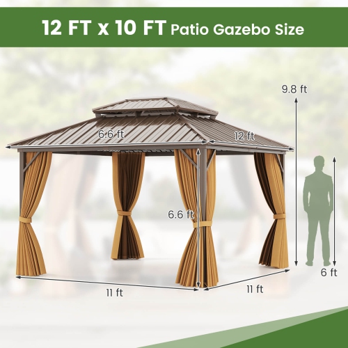 Costway 12 X 10/12 X 12 FT Hardtop Gazebo with Netting Heavy-Duty Double-Roof Galvanized Metal Top