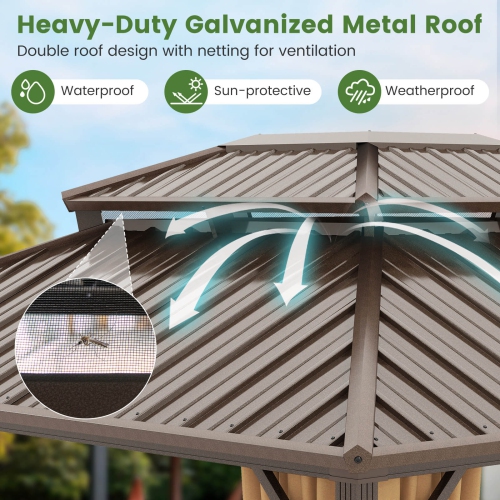 Costway 12 X 10/12 X 12 FT Hardtop Gazebo with Netting Heavy-Duty Double-Roof Galvanized Metal Top