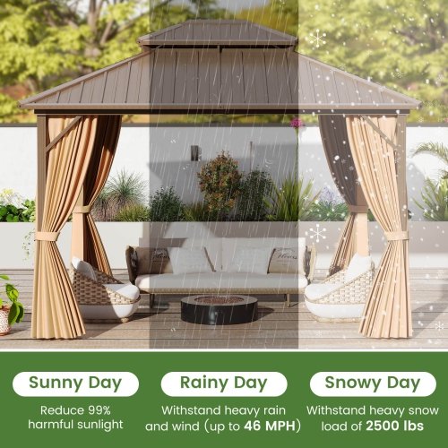 Costway 12 X 10/12 X 12 FT Hardtop Gazebo with Netting Heavy-Duty Double-Roof Galvanized Metal Top