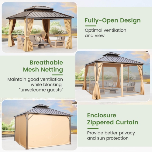 Costway 12 X 10/12 X 12 FT Hardtop Gazebo with Netting Heavy-Duty Double-Roof Galvanized Metal Top