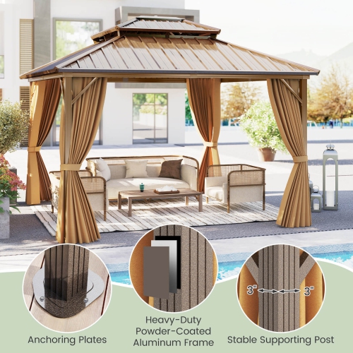 Costway 12 X 10/12 X 12 FT Hardtop Gazebo with Netting Heavy-Duty Double-Roof Galvanized Metal Top