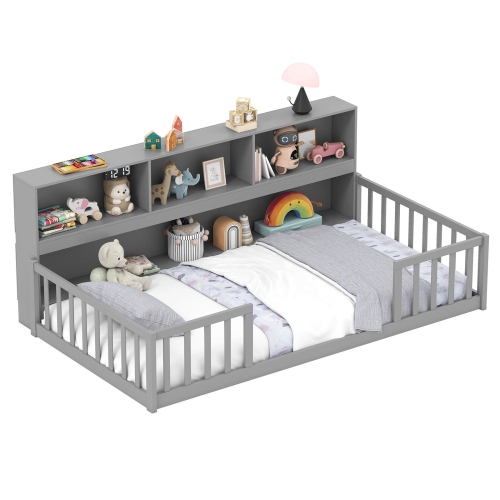 Costway Twin/Full Size Montessori Floor Bed with Bookcase Storage Shelves & Safety Fence Rails White/Gray