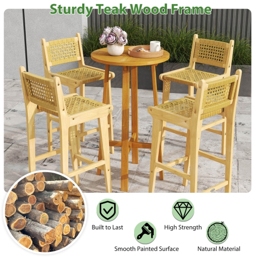 Costway 1/2/4 PCS Patio Teak Wood Bar Stool Outdoor Bar Height Chair with Rattan Backrest & Seat