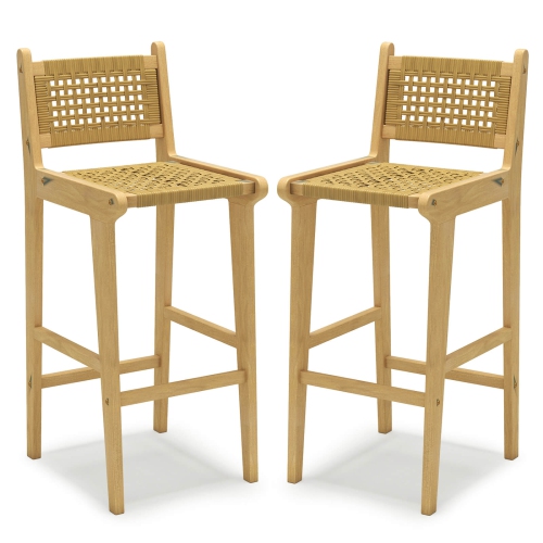 Costway 1/2/4 PCS Patio Teak Wood Bar Stool Outdoor Bar Height Chair with Rattan Backrest & Seat