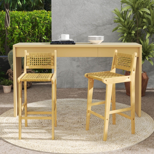 Costway 1/2/4 PCS Patio Teak Wood Bar Stool Outdoor Bar Height Chair with Rattan Backrest & Seat