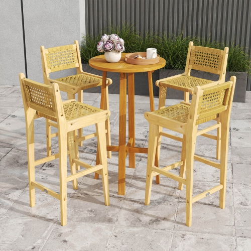 Costway 1/2/4 PCS Patio Teak Wood Bar Stool Outdoor Bar Height Chair with Rattan Backrest & Seat