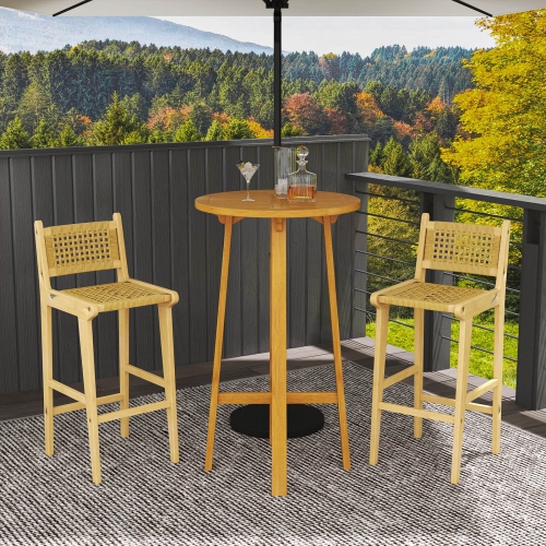 Costway 1/2/4 PCS Patio Teak Wood Bar Stool Outdoor Bar Height Chair with Rattan Backrest & Seat