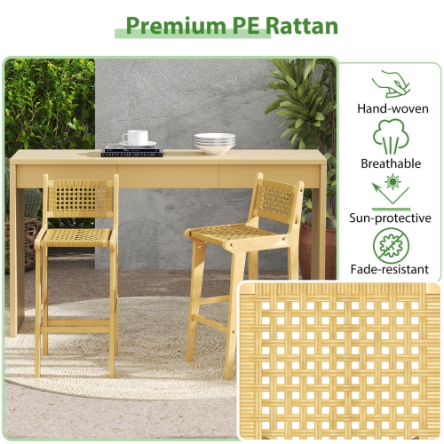 Costway 1/2/4 PCS Patio Teak Wood Bar Stool Outdoor Bar Height Chair with Rattan Backrest & Seat
