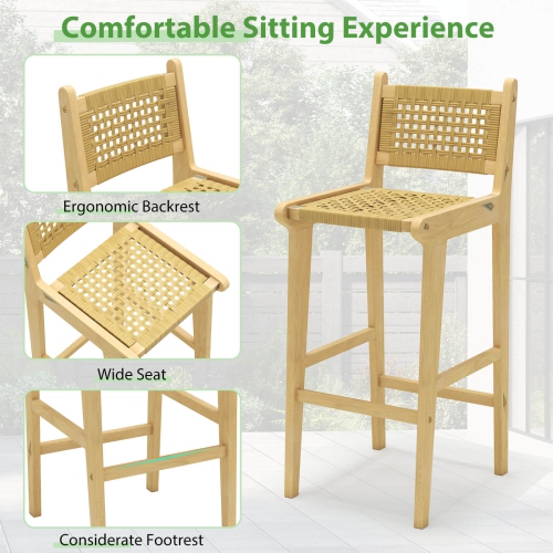 Costway 1/2/4 PCS Patio Teak Wood Bar Stool Outdoor Bar Height Chair with Rattan Backrest & Seat
