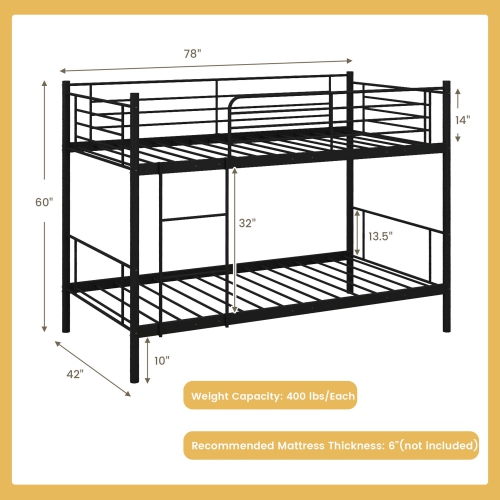 Costway Metal Twin Over Twin Bunk Bed with Built-in Ladder Safety Guardrail