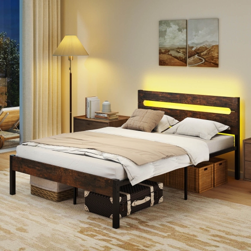 Costway Full Size Bed Frame with Built-in Charging Station Sturdy Mattress Foundation Rustic Brown + Black/Walnut + Black