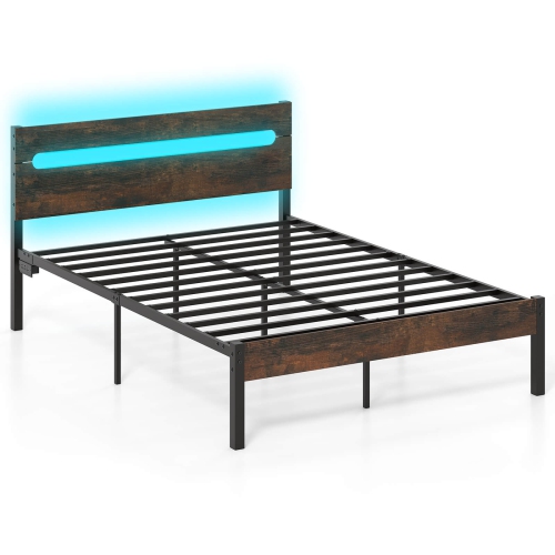 Costway Full Size Bed Frame with Built-in Charging Station Sturdy Mattress Foundation Rustic Brown + Black/Walnut + Black