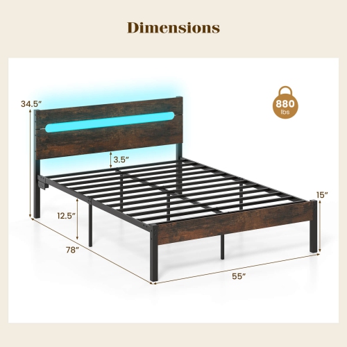 Costway Full Size Bed Frame with Built-in Charging Station Sturdy Mattress Foundation Rustic Brown + Black/Walnut + Black