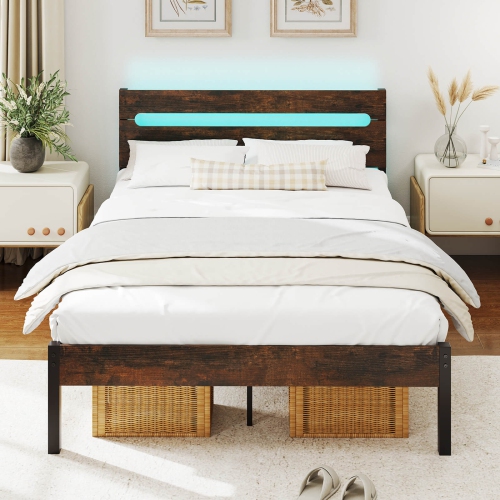 Costway Full Size Bed Frame with Built-in Charging Station Sturdy Mattress Foundation Rustic Brown + Black/Walnut + Black