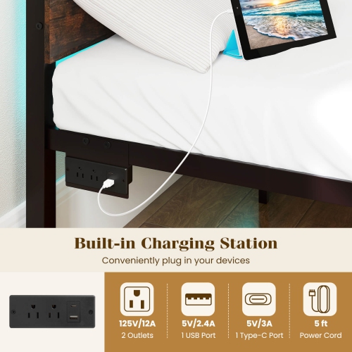 Costway Full Size Bed Frame with Built-in Charging Station Sturdy Mattress Foundation Rustic Brown + Black/Walnut + Black