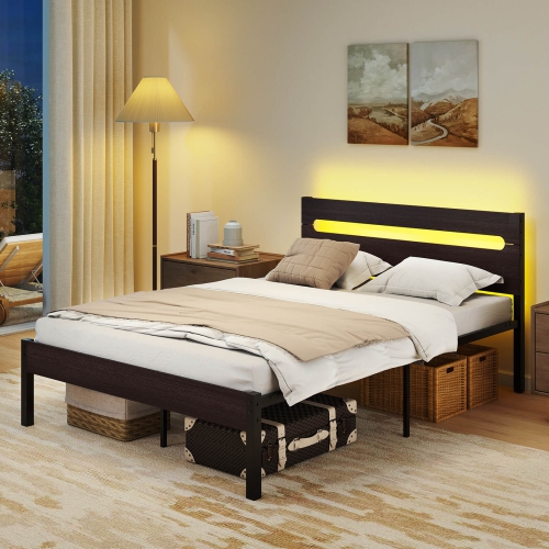 Costway Full Size Bed Frame with Built-in Charging Station Sturdy Mattress Foundation Rustic Brown + Black/Walnut + Black