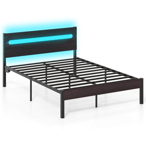 Costway Full Size Bed Frame with Built-in Charging Station Sturdy Mattress Foundation Rustic Brown + Black/Walnut + Black