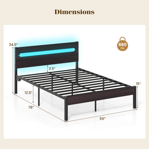 Costway Full Size Bed Frame with Built-in Charging Station Sturdy Mattress Foundation Rustic Brown + Black/Walnut + Black