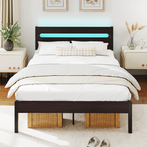 Costway Full Size Bed Frame with Built-in Charging Station Sturdy Mattress Foundation Rustic Brown + Black/Walnut + Black