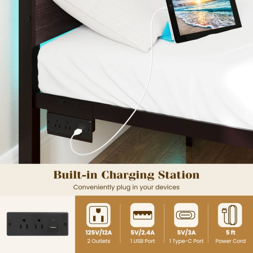 Costway Full Size Bed Frame with Built-in Charging Station Sturdy Mattress Foundation Rustic Brown + Black/Walnut + Black