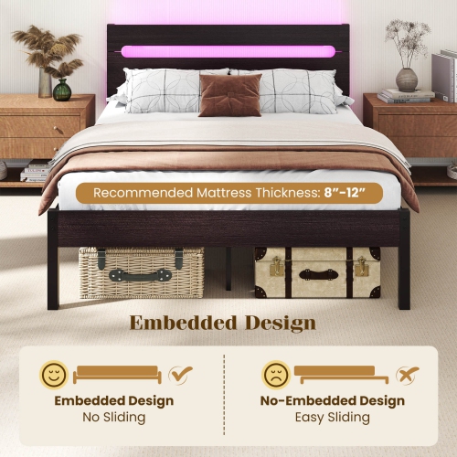 Costway Full Size Bed Frame with Built-in Charging Station Sturdy Mattress Foundation Rustic Brown + Black/Walnut + Black