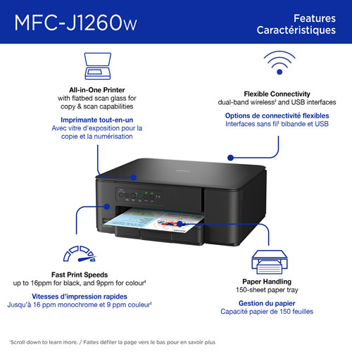Imprimante à jet d'encre tout-en-un couleur sans fil MFC-J1260W de Brother