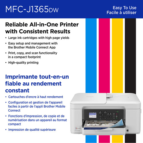 Imprimante à jet d'encre couleur tout-en-un sans fil MFC-J1365DW de Brother avec réservoir INKvestment - Blanc