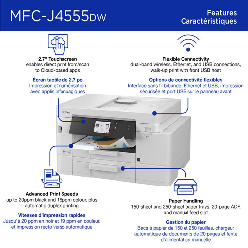 Imprimante à jet d'encre couleur tout-en-un sans fil MFCJ4555DW de Brother avec réservoir INKvestment - Blanc