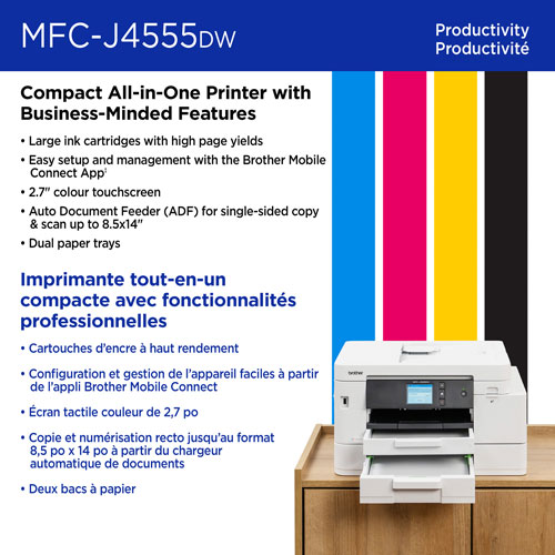 Imprimante à jet d'encre couleur tout-en-un sans fil MFCJ4555DW de Brother avec réservoir INKvestment - Blanc