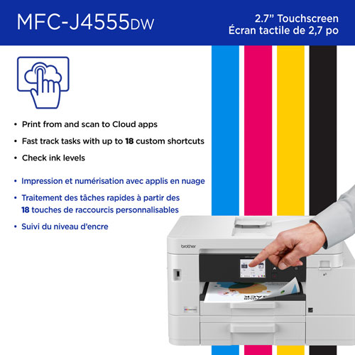 Imprimante à jet d'encre couleur tout-en-un sans fil MFCJ4555DW de Brother avec réservoir INKvestment - Blanc