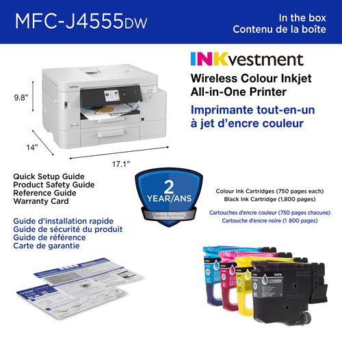 Imprimante à jet d'encre couleur tout-en-un sans fil MFCJ4555DW de Brother avec réservoir INKvestment - Blanc